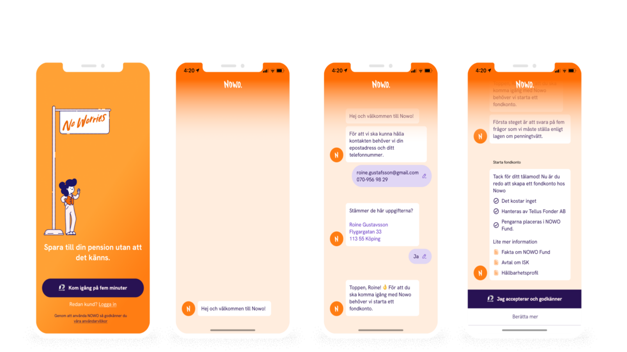 Bild av fyra olika mobilbyer för att visa designen av app för Nowo som Antrop designat