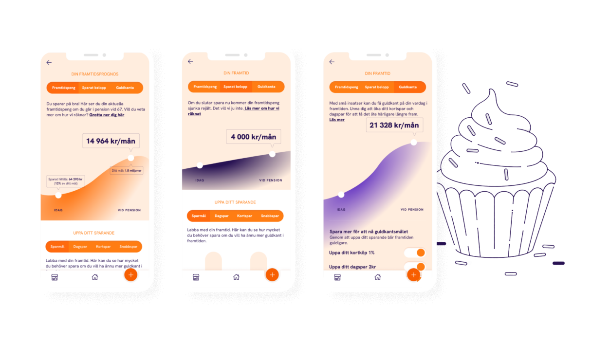 Bild som visar designen av tre olika mobilvyåer i appen NoWo