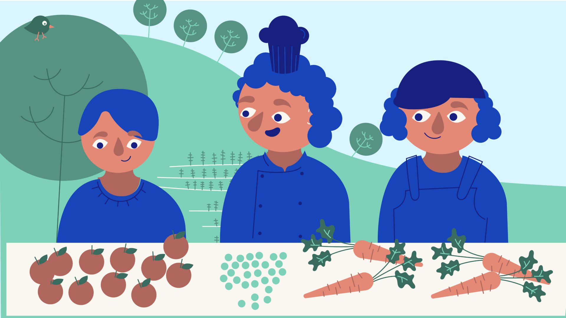 Illustration till projektet Skolmåltider föreställande tre barn som sitter vid ett bord med grönsaker framför sig